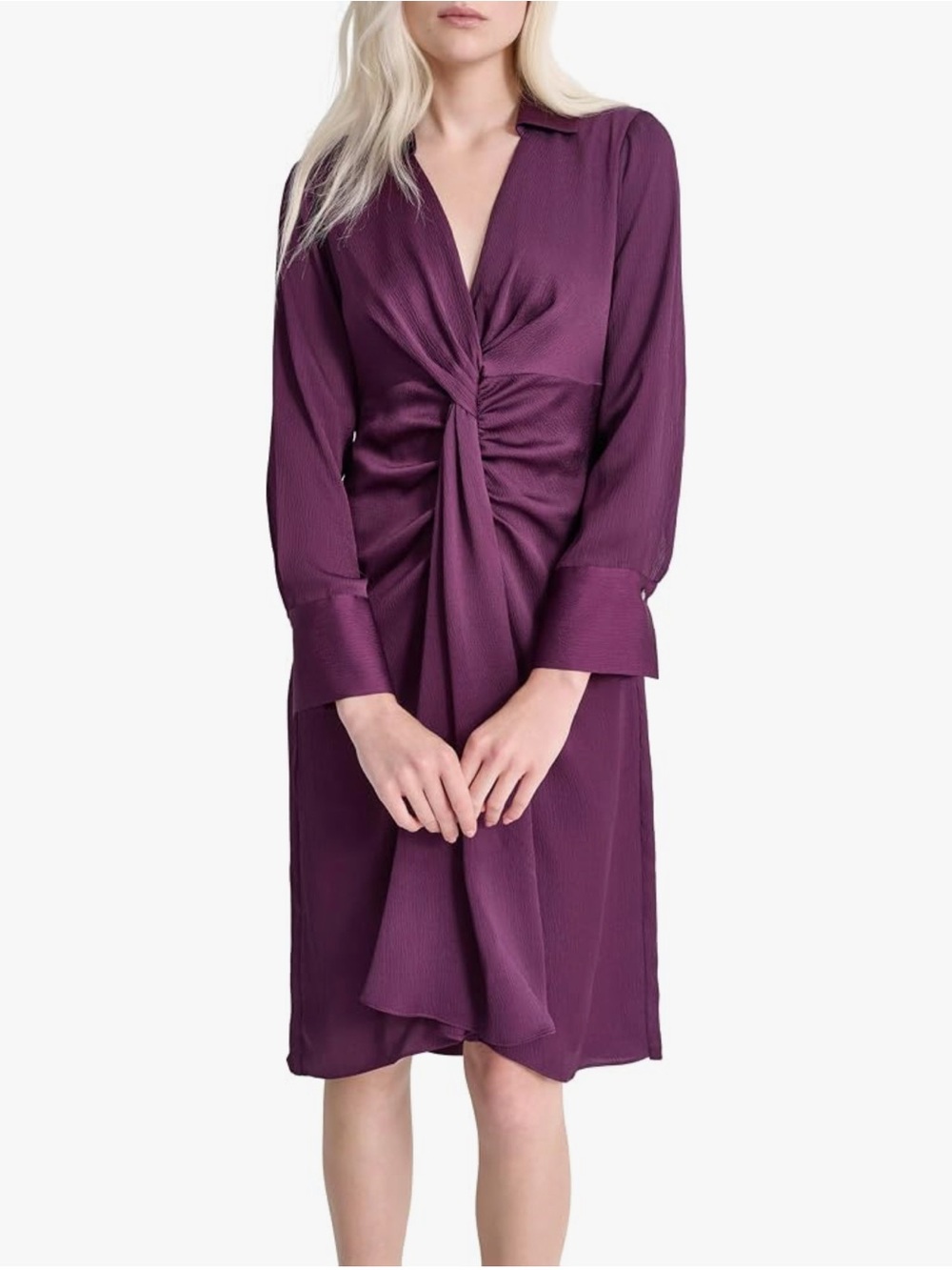 DKNY Long Sleeve Collared Neck Knee Length Knot Front Detail Dress